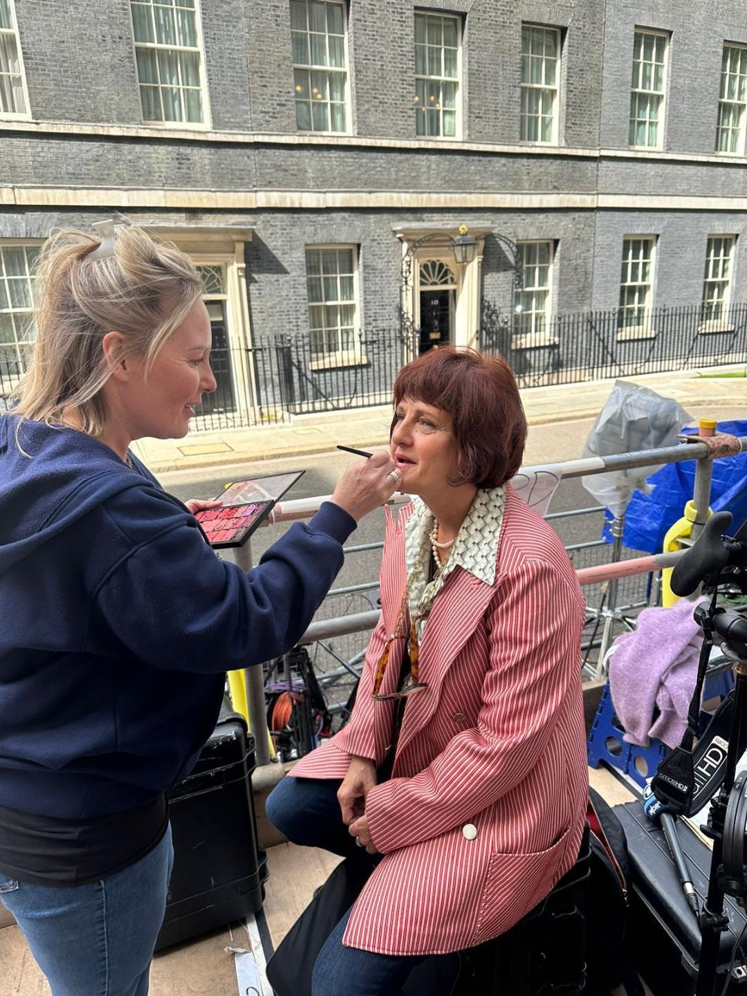 Annette Dittert — makeup checks outside Number 10, press pit, election day
